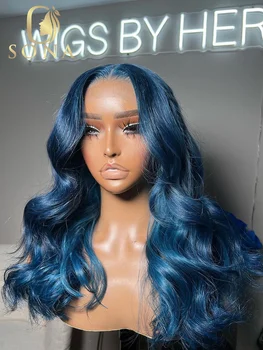 Темно-синий прозрачный кружевной парик с объемной волной 13x4x4, парики из человеческих волос с кружевной фронтальной частью 13x6 HD, парики из человеческих волос для женщин, предварительно выщипанные с детскими волосами