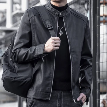 Кожаная куртка со стоячим воротником мужская корейская версия, тонкая красивая осенняя новая свободная модная повседневная мотоциклетная куртка мужская