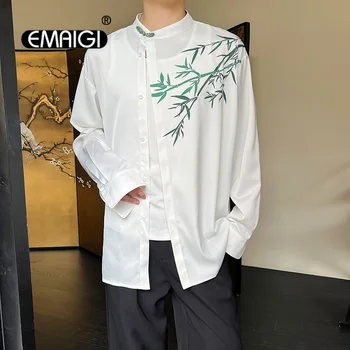 Воротник стойка с пряжкой в китайском стиле, мужской атласный принт в виде листьев бамбука, свободные повседневные винтажные рубашки, женские блузки