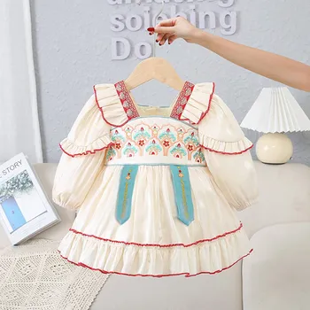 Милое осеннее платье принцессы для девочек с длинным рукавом и вышивкой, винтажные платья с оборками для младенцев, Vestido ADK2706