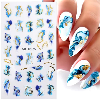 5D Синие Цветущие Дымчатые Наклейки Наклейки Для Ногтей Мраморный Дизайн Золотая Волна Рисунок Тушью Раскраска Маникюр Слайдер Для Ногтей Декоры TR5D-K