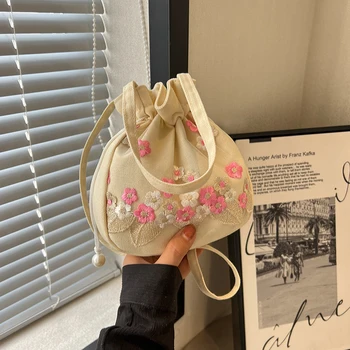 Сумка на шнурке с цветочной вышивкой, женская винтажная сумка в китайском стиле, сумка для телефона, этническая цветочная сумка через плечо