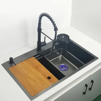 Черная Кухонная раковина Nano Над раковиной для мытья посуды с разделочной доской из нержавеющей стали 304 с одной черной кухонной раковиной