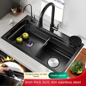 Черная кухонная раковина из нержавеющей стали Nano304, Большая раковина для мытья овощей с утолщением в один слот, раковина для мытья посуды ручной работы.