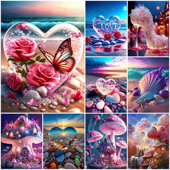 Алмазная мозаика AZQSD 5D, вышивка пейзажем грибного домика, разноцветные камни, алмазная живопись, украшение дома в виде сердца из приморской розы