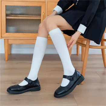 Весенние и осенние женские носки среднего размера из чесаного хлопка в тонкую полоску, японские студенческие носки в стиле ретро, гольфы до колен, гольфы до колен.