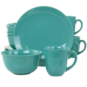 Набор круглой керамической посуды из 12 предметов бирюзово-зеленого цвета