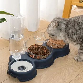 Миска для домашних кошек, автоматическая кормушка 3-в-1, Миска для корма для собак и кошек С фонтаном для воды, Двойная миска для питья, Приподнятая подставка, Миски для посуды для кошек