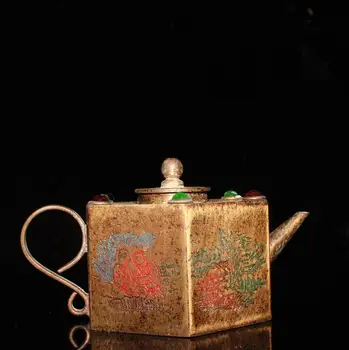 Китайская инкрустация из чистой бронзы, драгоценные камни, Статуэтка чайника с народным вином Династии