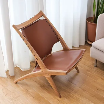Скандинавские Односедельные Кожаные Кресла для отдыха из массива дерева, Современные стулья для гостиной, Дизайнерское кресло для отдыха Со спинкой, Диван-табурет