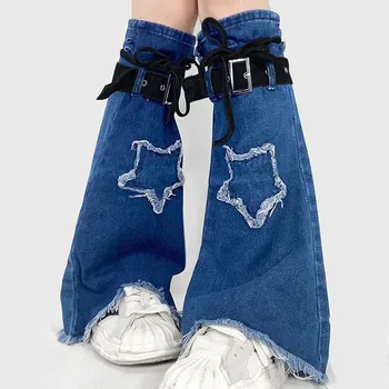 Женская осенне-зимняя джинсовая гетра для ног, винтажные гетры до колена с завязками в виде звезды, носки для уличных вечеринок