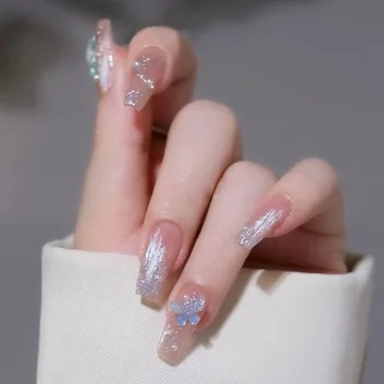24шт Бабочка Прозрачные накладные ногти Сломанный бриллиантовый дизайн Искусственные ногти Полное покрытие Искусственный водонепроницаемый пресс на ногте