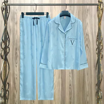 Осенняя новая пижама из жаккарда Ice Silk, женская пижама с голубой бабочкой, домашняя одежда, пижамы, пижамные комплекты из двух предметов, домашняя одежда