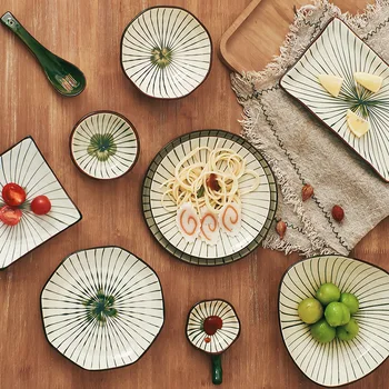 Расписанная вручную миска для супа, тарелка в форме цветка, набор японской посуды в зеленую полоску, Поднос для закусок, Столовые приборы с двумя решетками