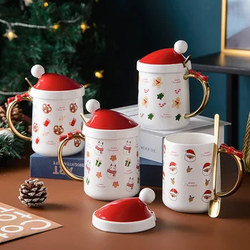 Рождественские Керамические Кофейные кружки, крышка для чашки в форме шляпы Санта-Клауса, чашки для чая, завтрака, молока, Кружка для украшения дома, Новогодние подарки