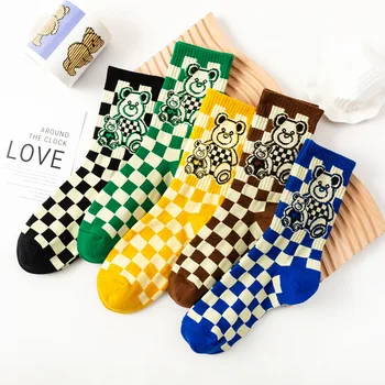 1 пара носков в шахматном порядке, мужские и женские носки Tide, милый медведь, средняя версия JK, Dongdaemun Ретро, густо-зеленый