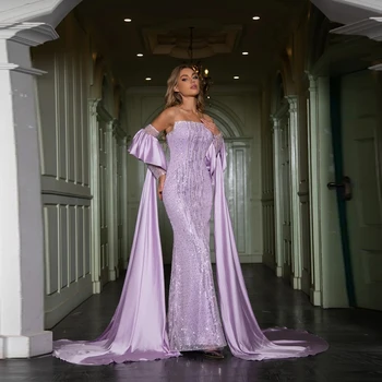 Роскошное женское платье ROSELLA без бретелек для особых мероприятий с рукавами-шлейфом, фиолетовые блестки, вечернее платье для выпускного вечера длиной до пола, новинка 2023 года