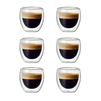 6 Комплектов двухслойных кофейных чашек из полого стекла объемом 80 мл для питья чая, кофе, стаканчиков для питья