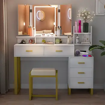 Туалетный Столик с 3-Цветным Зеркалом Со Светодиодной Подсветкой, Туалетный Столик для Макияжа, Комод, Письменный Стол для внутренней мебели спальни