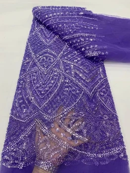 Кружевная ткань ручной работы из бисера 5 ярдов для свадебных платьев Африканский тюль Сетка Пайетки 2023 Высококачественные Французские Сетчатые бусины с блестками