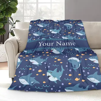 Одеяло Blue Sharks, Именное одеяло Shark с индивидуальным названием, Подарки для детей и взрослых, Мягкое уютное фланелевое флисовое покрывало для детей